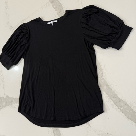 Frame Puff Sleeve Stretch Knit Top Women’s Large Black Jewel Neck Elbow Sleeves - Picture 6 of 10